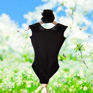 Mirella Women's Camisole Dancewear Black Peacock Lace Sleeves Leotard Size P